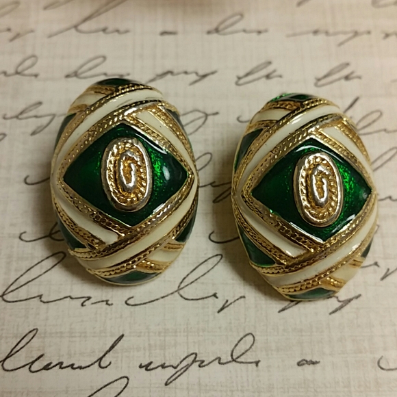Jewelry - Enamel and gold tone oval clip on earrings